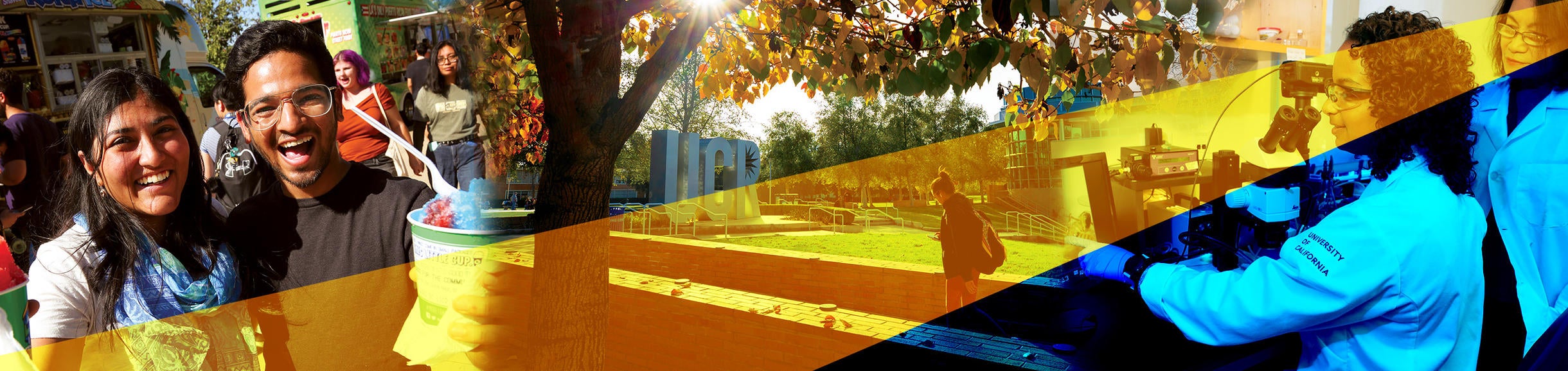 UCR students take part in an on-campus food truck festival, head to class, and engage in a lab.